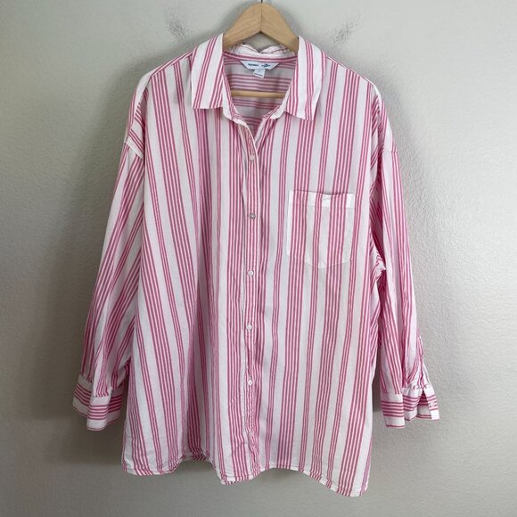 Old Navy Womens Plus 2X Boyfriend Shirt Pink White Striped Button Up Oversized - Picture 7 of 9